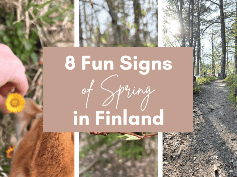 Spring in Finland: A collage of three springtime nature scenes, featuring blooming flowers and green forests. The image has a text overlay that reads '8 Fun Signs of Spring in Finland'.